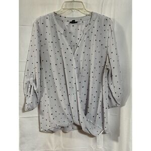 A.N.A. Womens Blouse Size XXL White Black Polka Dot V Neck Twist Hem Top